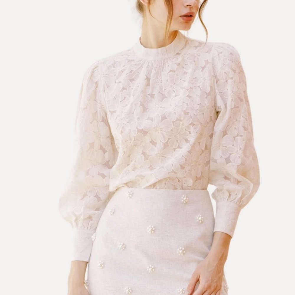 Storia Floral Lace Blouse with Sheer Sleeves and Mock Neck in Ivory